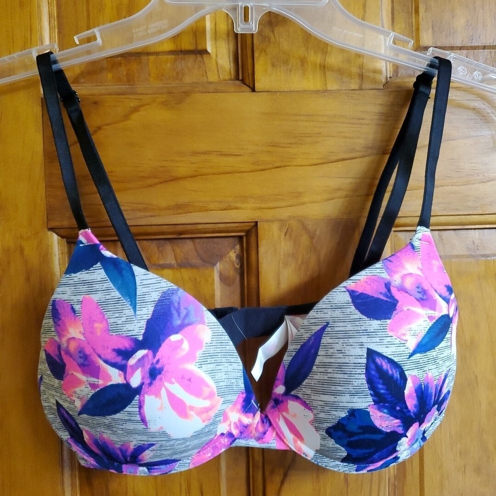 Victoria's Secret PINK 34C T-Shirt Bra Women Floral Underwire Lingerie Grey